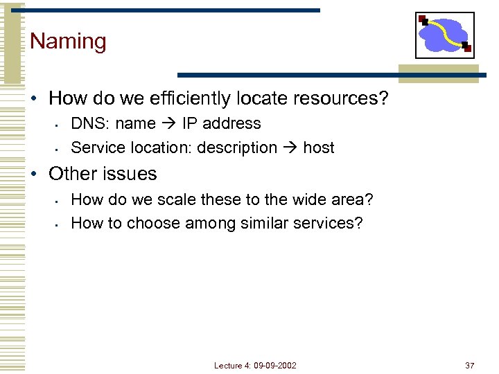 Naming • How do we efficiently locate resources? • • DNS: name IP address