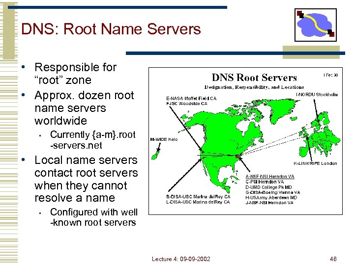 DNS: Root Name Servers • Responsible for “root” zone • Approx. dozen root name