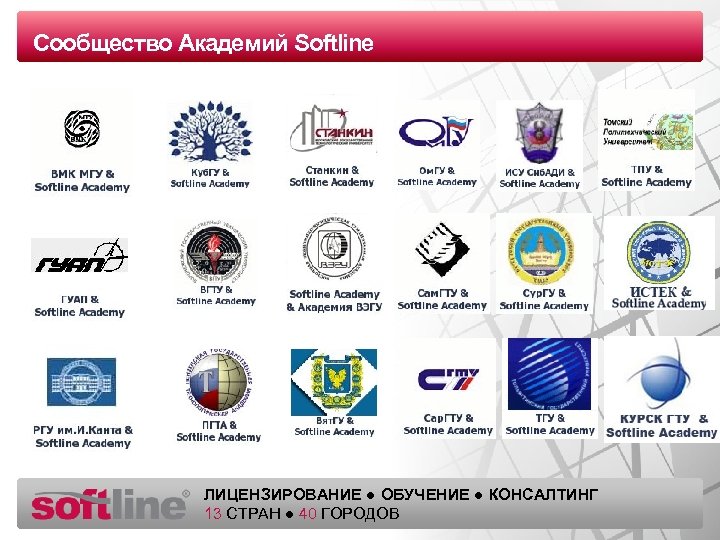Сообщество Академий Оазец заголовка Softline ЛИЦЕНЗИРОВАНИЕ ● ОБУЧЕНИЕ ● КОНСАЛТИНГ 13 СТРАН ● 40
