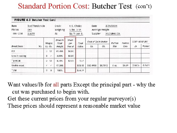 Standard Portion Cost: Butcher Test (con’t) Want values/lb for all parts Except the principal