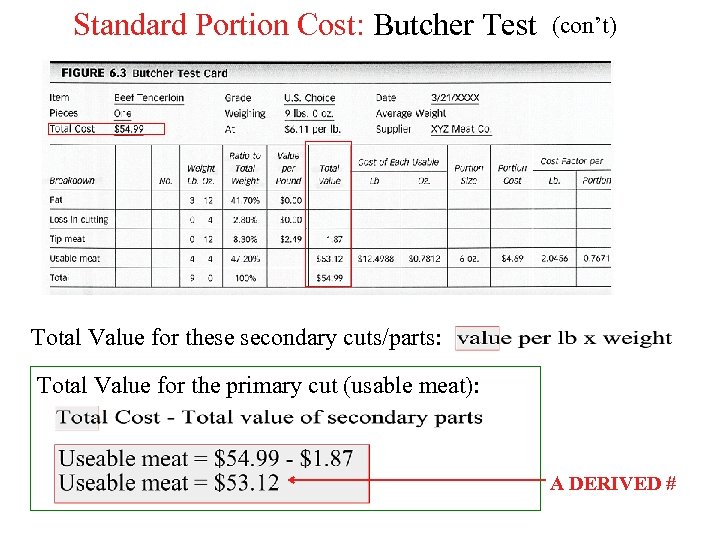 Standard Portion Cost: Butcher Test (con’t) Total Value for these secondary cuts/parts: Total Value