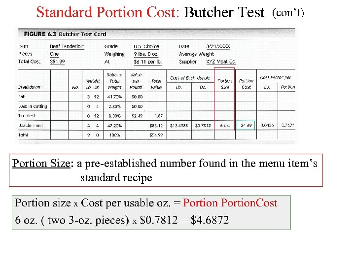 Standard Portion Cost: Butcher Test (con’t) Portion Size: a pre-established number found in the