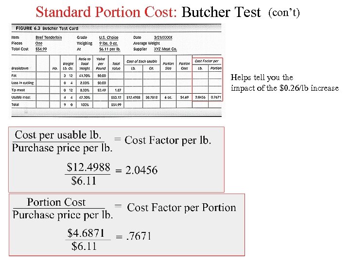 Standard Portion Cost: Butcher Test (con’t) Helps tell you the impact of the $0.