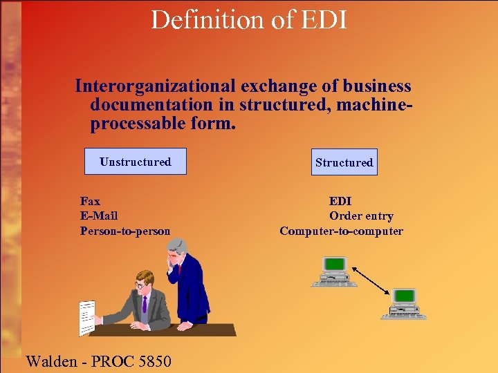 Definition of EDI Interorganizational exchange of business documentation in structured, machineprocessable form. Unstructured Fax