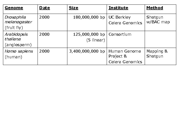 Genome Date Size Institute Drosophila melanogaster (fruit fly) 2000 180, 000 bp UC Berkley