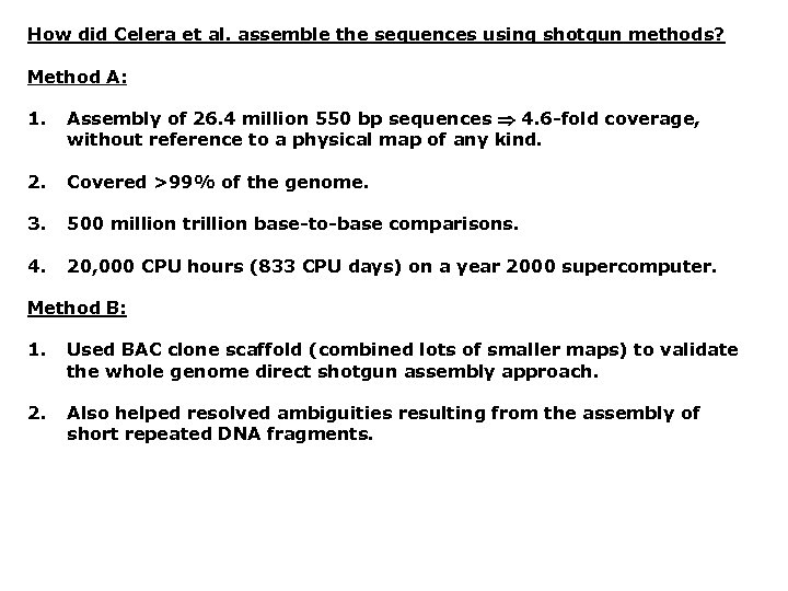 How did Celera et al. assemble the sequences using shotgun methods? Method A: 1.