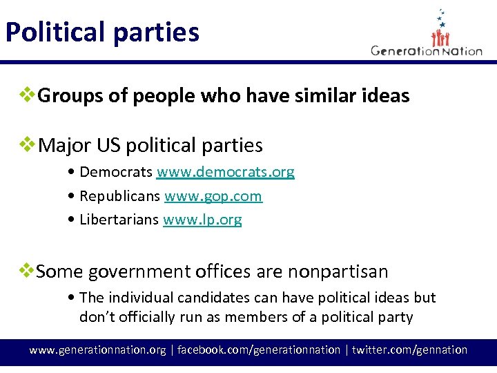 Political parties v. Groups of people who have similar ideas v. Major US political