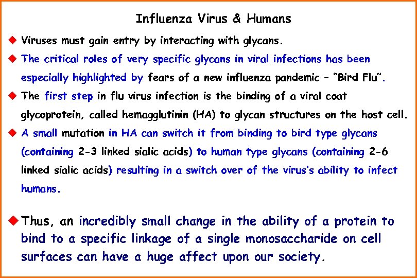 Influenza Virus & Humans u Viruses must gain entry by interacting with glycans. u