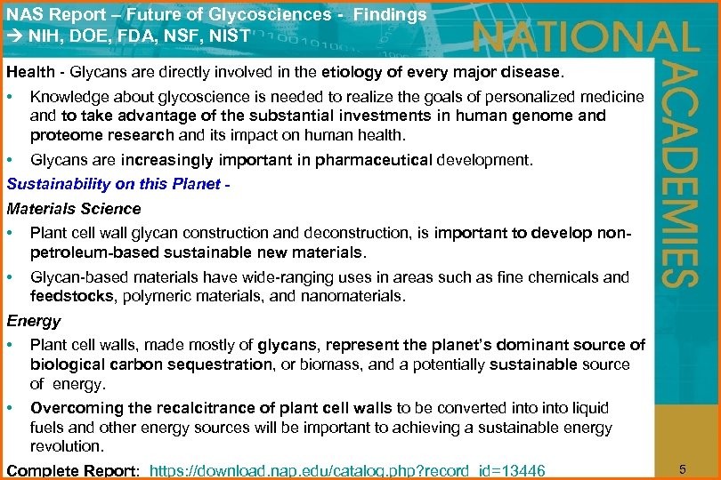NAS Report – Future of Glycosciences - Findings NIH, DOE, FDA, NSF, NIST Health