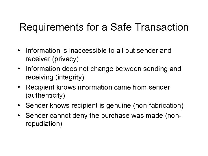 Requirements for a Safe Transaction • Information is inaccessible to all but sender and