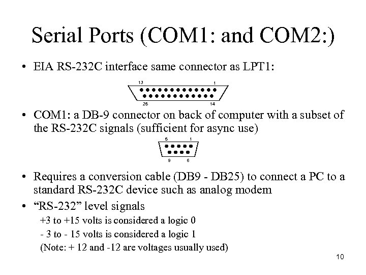 Serial Ports (COM 1: and COM 2: ) • EIA RS-232 C interface same