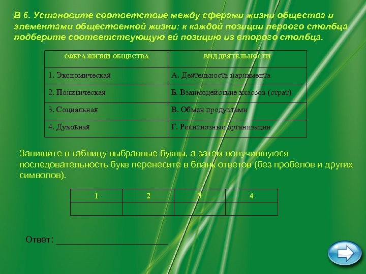 В 6. Установите соответствие между сферами жизни общества и элементами общественной жизни: к каждой