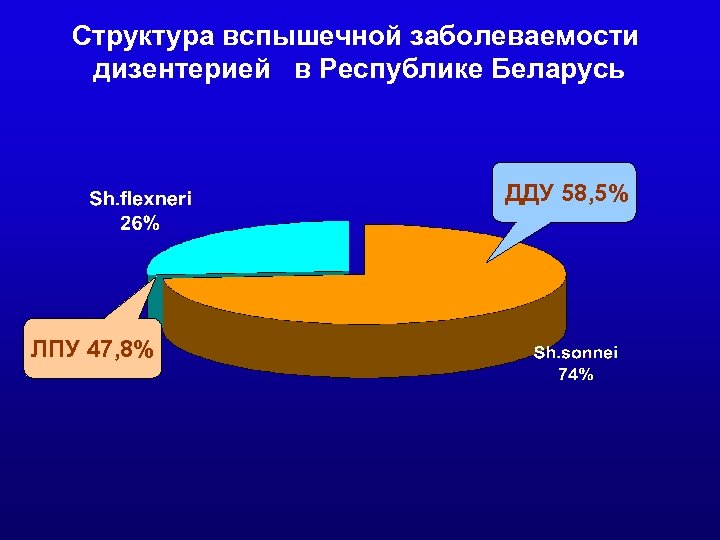 Структура вспышечной заболеваемости дизентерией в Республике Беларусь ДДУ 58, 5% ЛПУ 47, 8% 