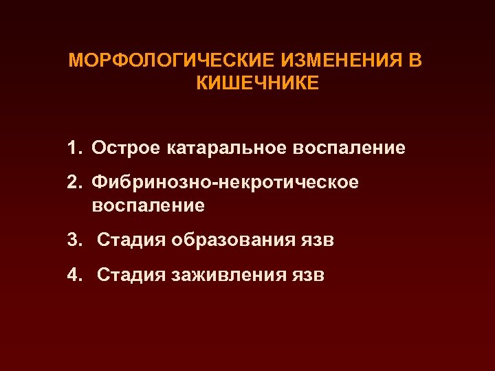 МОРФОЛОГИЧЕСКИЕ ИЗМЕНЕНИЯ В КИШЕЧНИКЕ 1. Острое катаральное воспаление 2. Фибринозно-некротическое воспаление 3. Стадия образования