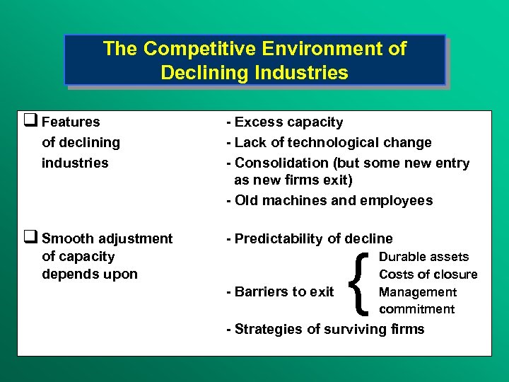 The Competitive Environment of Declining Industries q Features of declining industries q Smooth adjustment