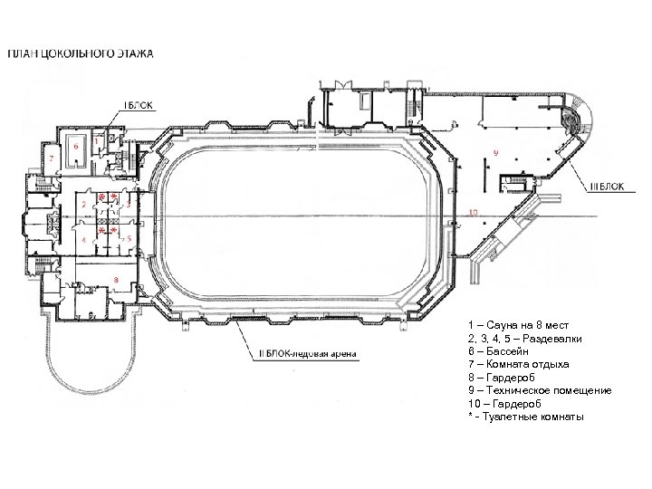 1 – Сауна на 8 мест 2, 3, 4, 5 – Раздевалки 6 –
