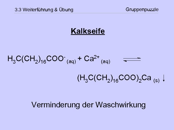 Gruppenpuzzle 3. 3 Weiterführung & Übung Kalkseife H 3 C(CH 2)16 COO- (aq) +
