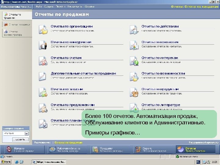 Более 100 отчетов. Автоматизация продаж, Обслуживание клиентов и Административные. Примеры графиков… 