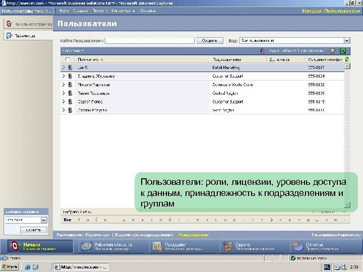 Пользователи: роли, лицензии, уровень доступа к данным, принадлежность к подразделениям и группам 