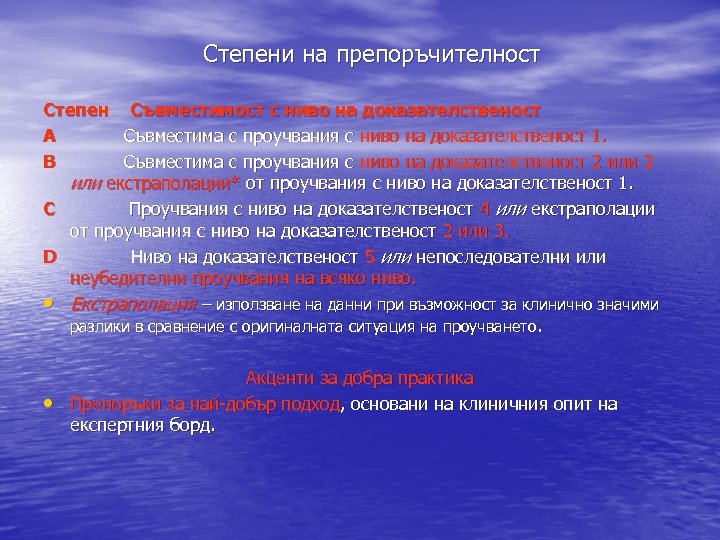 Степени на препоръчителност Степен Съвместимост с ниво на доказателственост A Съвместима с проучвания с