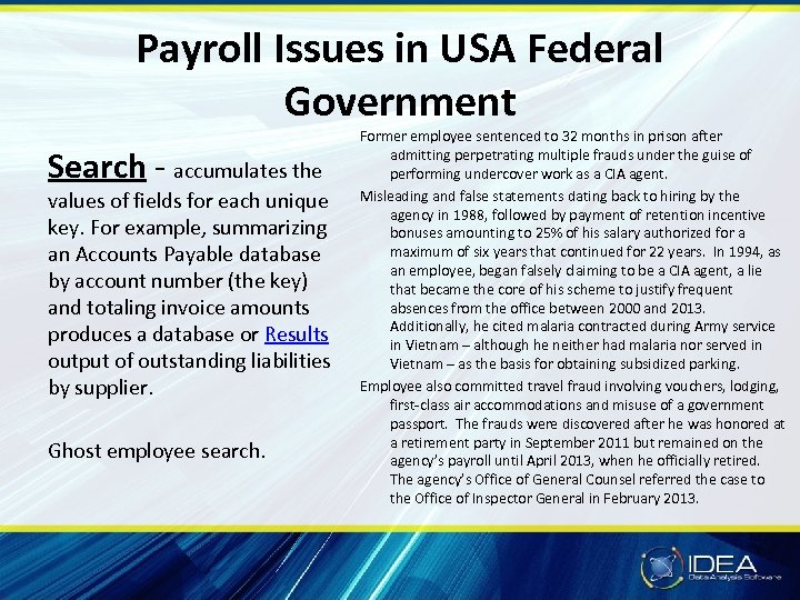 Payroll Issues in USA Federal Government Search - accumulates the values of fields for