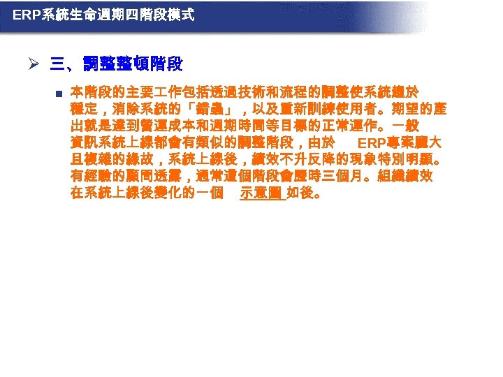 ERP系統生命週期四階段模式 Ø 三、調整整頓階段 n 本階段的主要 作包括透過技術和流程的調整使系統趨於 穩定，消除系統的「錯蟲」，以及重新訓練使用者。期望的產 出就是達到營運成本和週期時間等目標的正常運作。一般 資訊系統上線都會有類似的調整階段，由於 ERP專案龐大 且複雜的緣故，系統上線後，績效不升反降的現象特別明顯。 有經驗的顧問透露，通常這個階段會歷時三個月。組織績效 在系統上線後變化的一個 示意圖