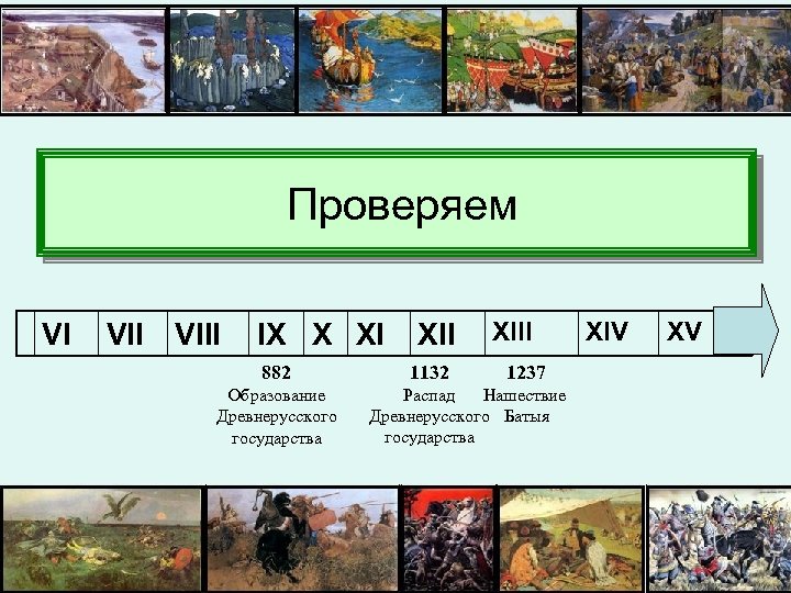 Проверяем VI VIII IX X XI 882 Образование Древнерусского государства XII 1132 XIII 1237