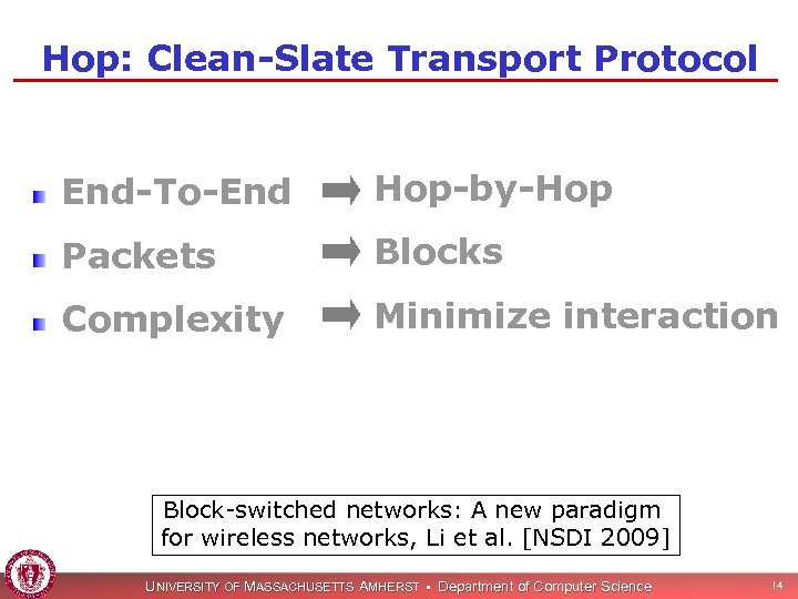 Hop: Clean-Slate Transport Protocol End-To-End Hop-by-Hop Packets Blocks Complexity Minimize interaction Block-switched networks: A