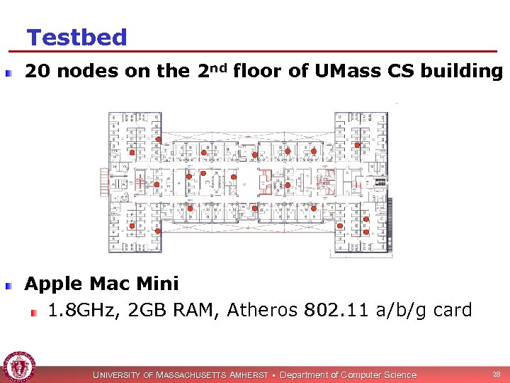 Testbed 20 nodes on the 2 nd floor of UMass CS building Apple Mac