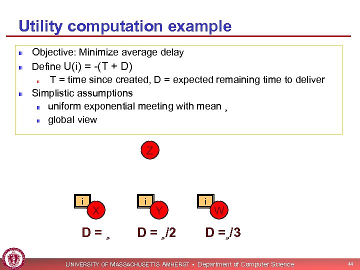 Utility computation example Objective: Minimize average delay Define U(i) = -(T + D) T