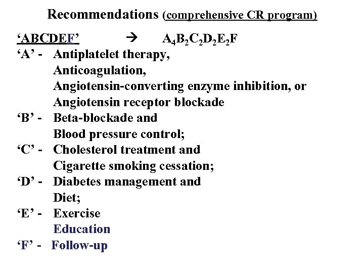 Recommendations (comprehensive CR program) ‘ABCDEF’ A 4 B 2 C 2 D 2 E