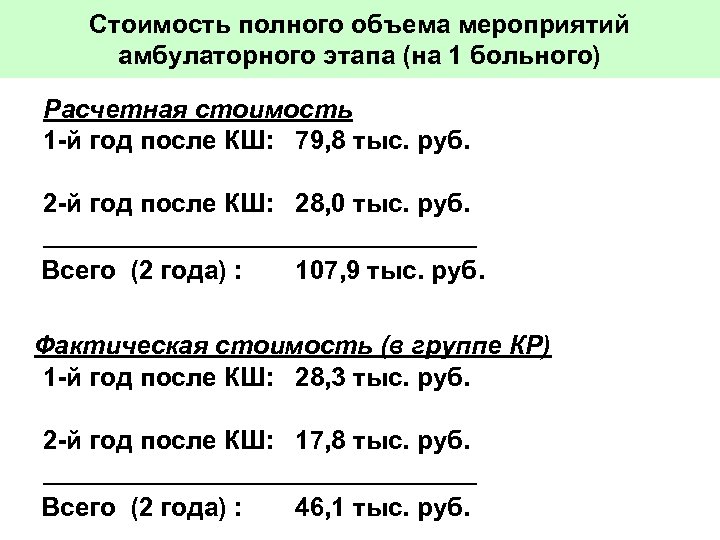 Стоимость полного объема мероприятий амбулаторного этапа (на 1 больного) Расчетная стоимость 1 -й год