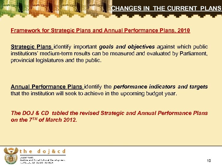 CHANGES IN THE CURRENT PLANS Framework for Strategic Plans and Annual Performance Plans, 2010