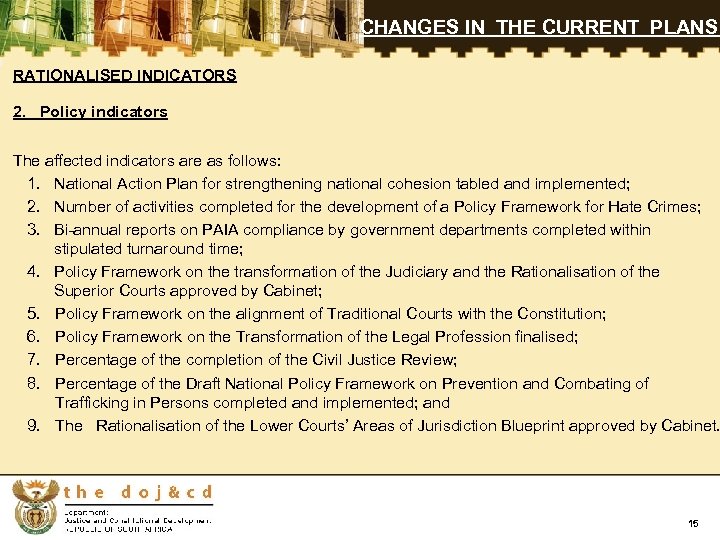 CHANGES IN THE CURRENT PLANS RATIONALISED INDICATORS 2. Policy indicators The affected indicators are