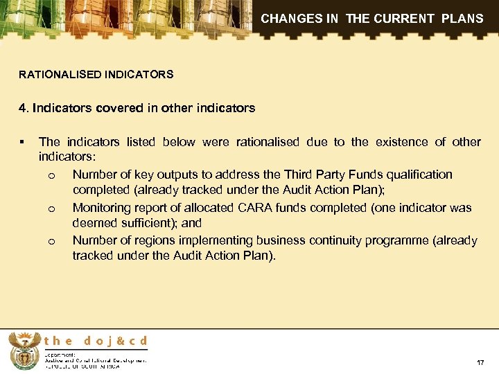 CHANGES IN THE CURRENT PLANS RATIONALISED INDICATORS 4. Indicators covered in other indicators §