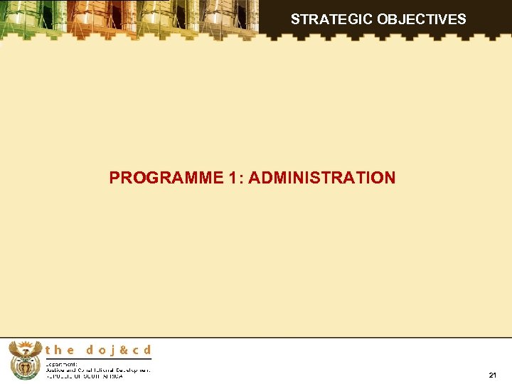 STRATEGIC OBJECTIVES PROGRAMME 1: ADMINISTRATION 21 