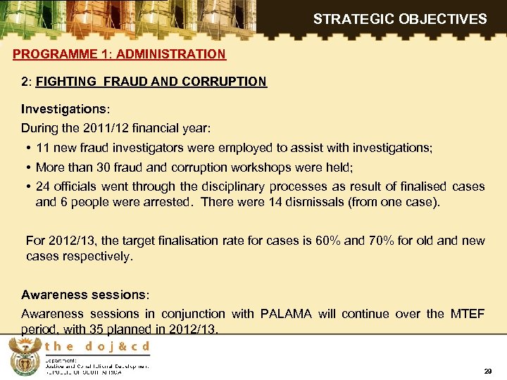 STRATEGIC OBJECTIVES PROGRAMME 1: ADMINISTRATION 2: FIGHTING FRAUD AND CORRUPTION Investigations: During the 2011/12