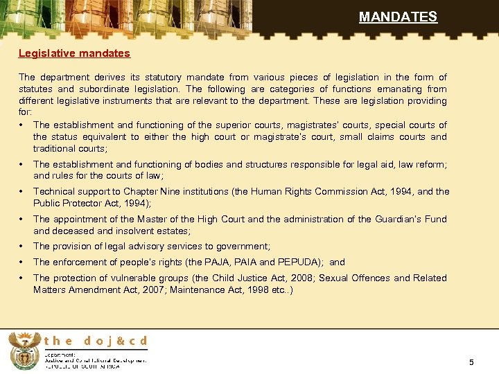 MANDATES Legislative mandates The department derives its statutory mandate from various pieces of legislation
