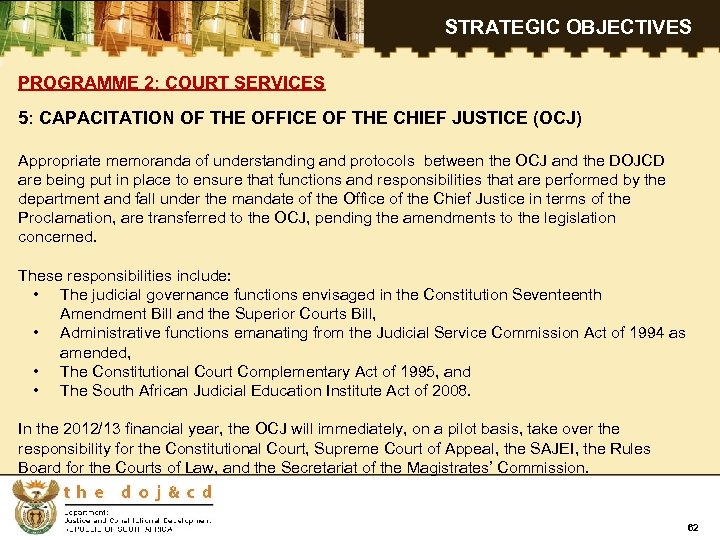 STRATEGIC OBJECTIVES PROGRAMME 2: COURT SERVICES 5: CAPACITATION OF THE OFFICE OF THE CHIEF