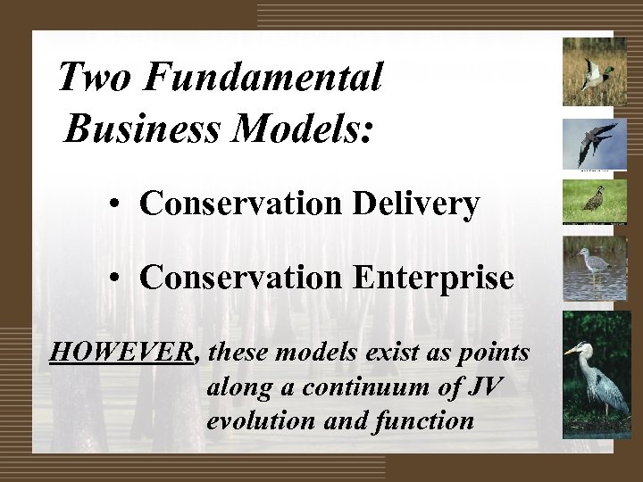 Two Fundamental Business Models: • Conservation Delivery • Conservation Enterprise HOWEVER, these models exist