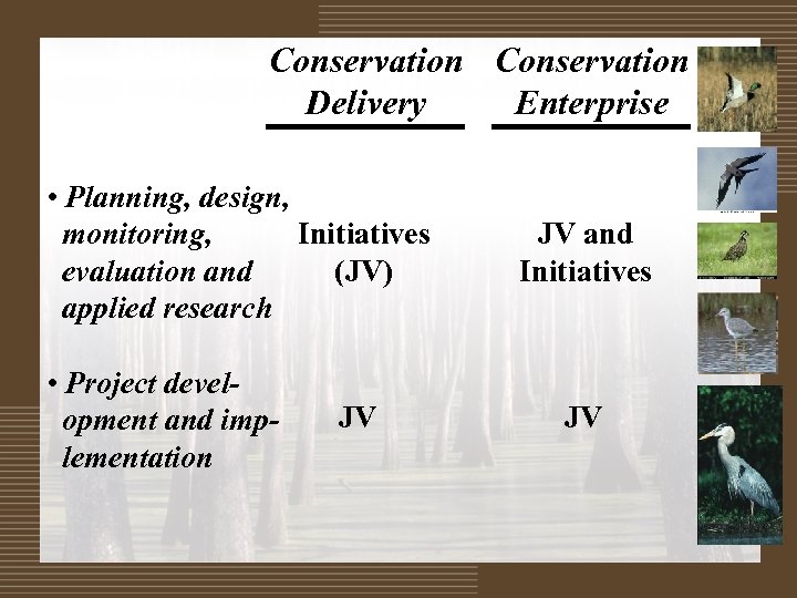 Conservation Delivery Enterprise • Planning, design, Initiatives monitoring, (JV) evaluation and applied research •