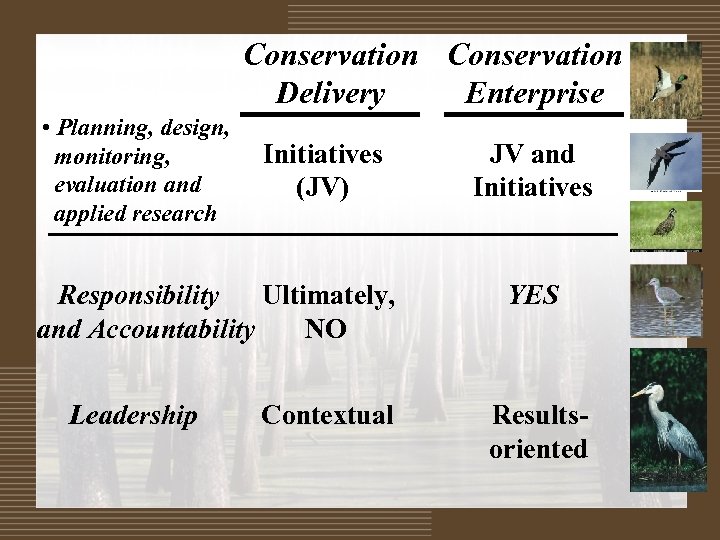 Conservation Delivery Enterprise • Planning, design, monitoring, evaluation and applied research Initiatives (JV) Responsibility