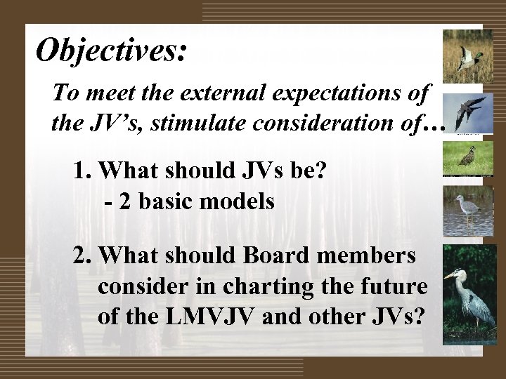 Objectives: To meet the external expectations of the JV’s, stimulate consideration of… 1. What