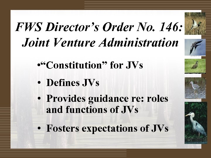 FWS Director’s Order No. 146: Joint Venture Administration • “Constitution” for JVs • Defines
