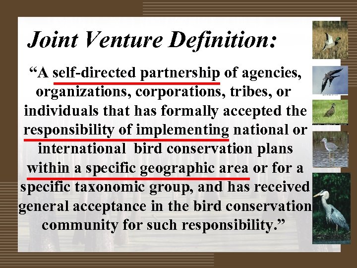 Joint Venture Definition: “A self-directed partnership of agencies, organizations, corporations, tribes, or individuals that