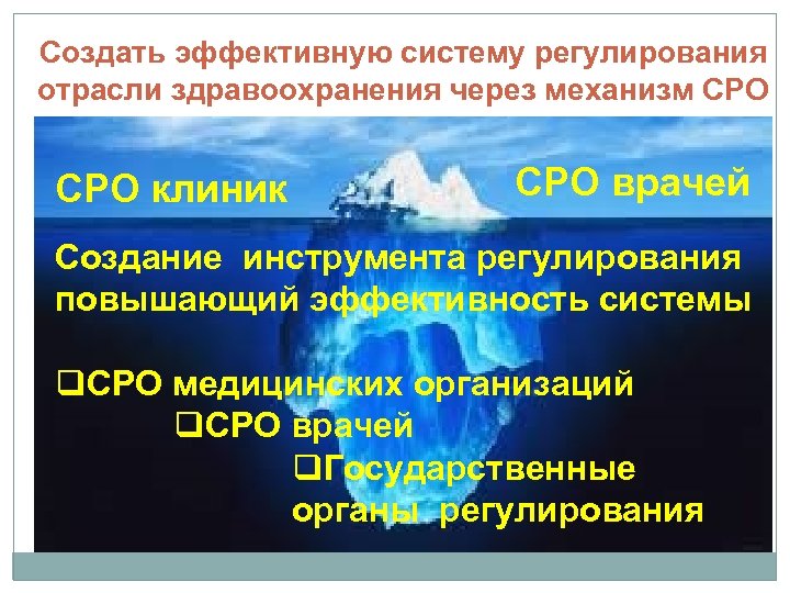 Создать эффективную систему регулирования отрасли здравоохранения через механизм СРО клиник СРО врачей Создание инструмента
