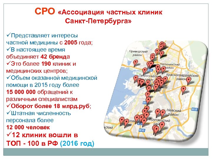 СРО «Ассоциация частных клиник Санкт-Петербурга» üПредставляет интересы частной медицины с 2005 года; üВ настоящее