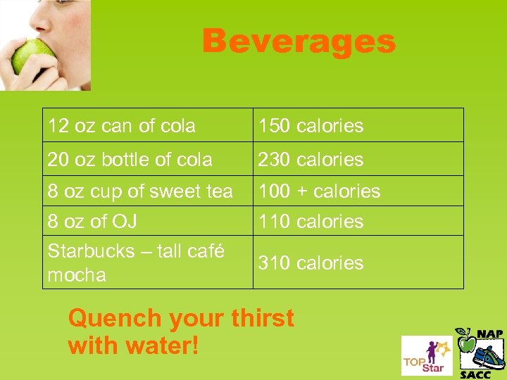 Beverages 12 oz can of cola 150 calories 20 oz bottle of cola 230