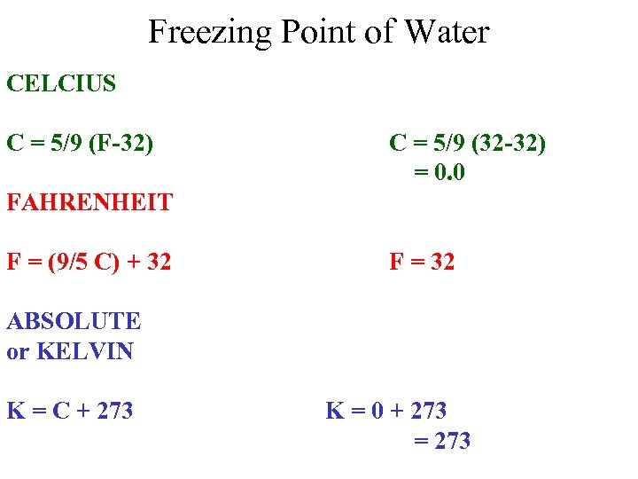 Freezing Point of Water CELCIUS C = 5/9 (F-32) C = 5/9 (32 -32)