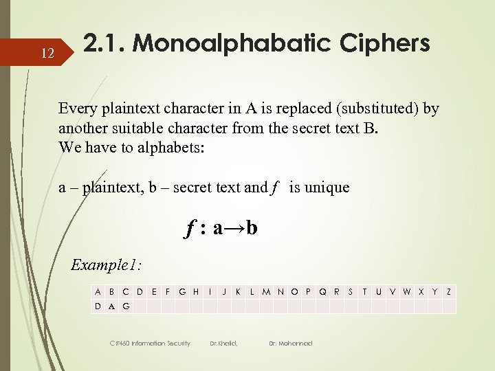 12 2. 1. Monoalphabatic Ciphers Every plaintext character in A is replaced (substituted) by